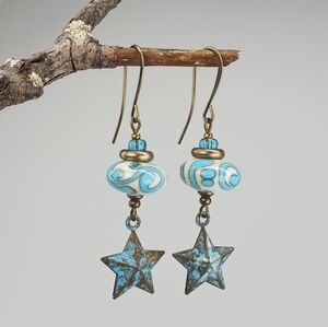 HAND CRAFTED Star Dangle Earrings Turquoise Blue Lampwork Glass Patina Brass